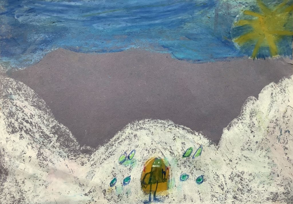 Jack's artwork from Hoyland Springwood Primary School, showing a person walking on a beach.