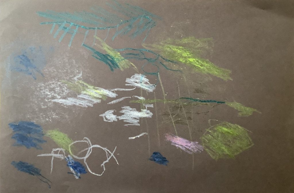 Oliver's artwork from Hoyland Springwood Primary School, showing a person near a mountain. 