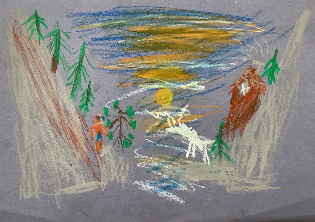Max's artwork from Hoyland Springwood Primary School showing a man walking down a hill. 