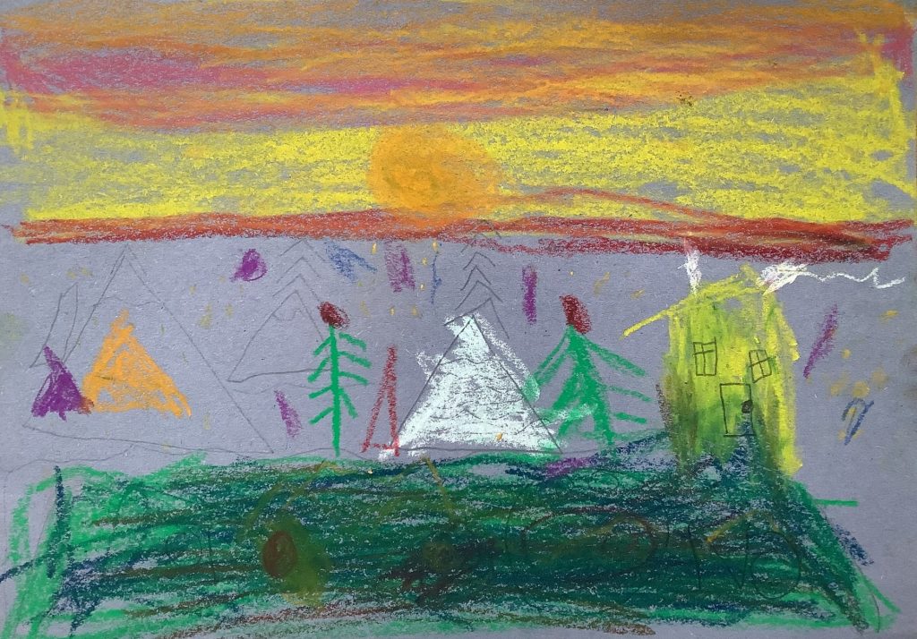Evie's artwork from Hoyland Springwood Primary School showing a couple of houses on a hill. 