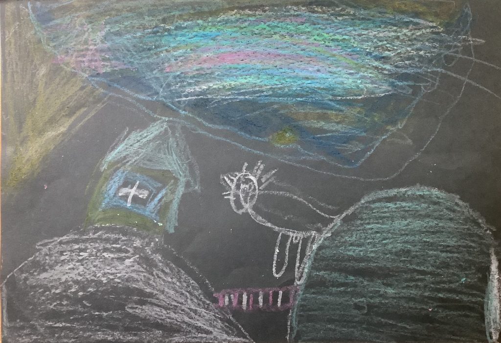 Amelia's artwork from Hoyland Springwood Primary School, showing an animal approaching a bridge on a hill. 
