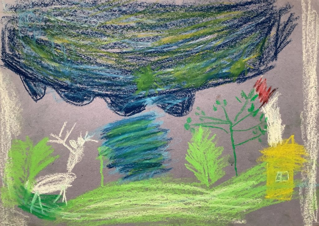 Kasey's artwork from Hoyland Springwood Primary School showing a house on a hill and a storm nearby. 