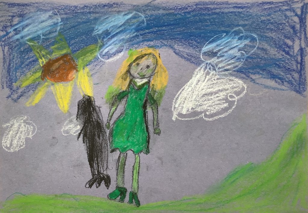 Mia's artwork from Hoyland Springwood Primary School showing a lady standing on a hill