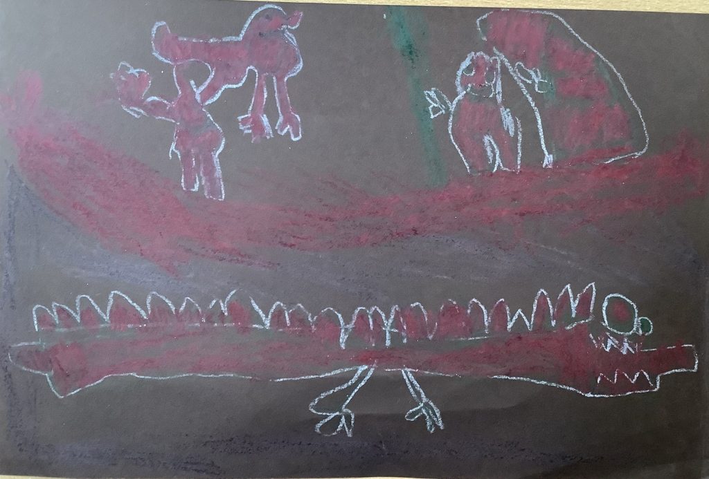 Issac's artwork from Hoyland Springwood Primary School, showing two people that are near a monster.