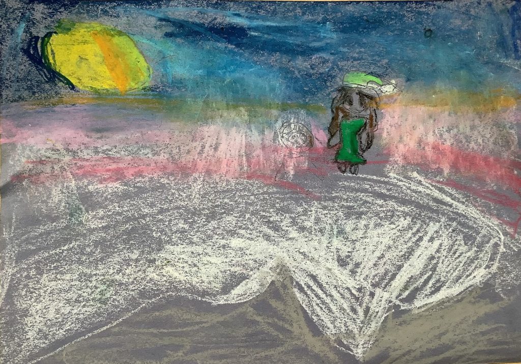 Nyah's artwork from Hoyland Springwood Primary School, showing a person walking on a beach.