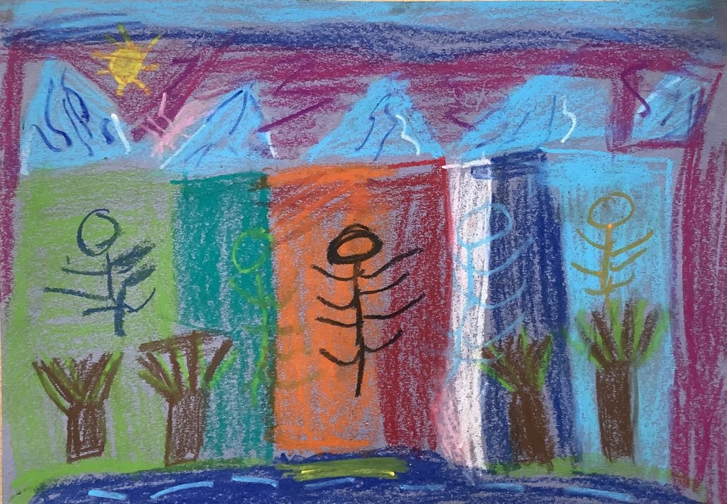Daisuke's artwork from Hoyland Springwood Primary School, showing several houses next to each other.