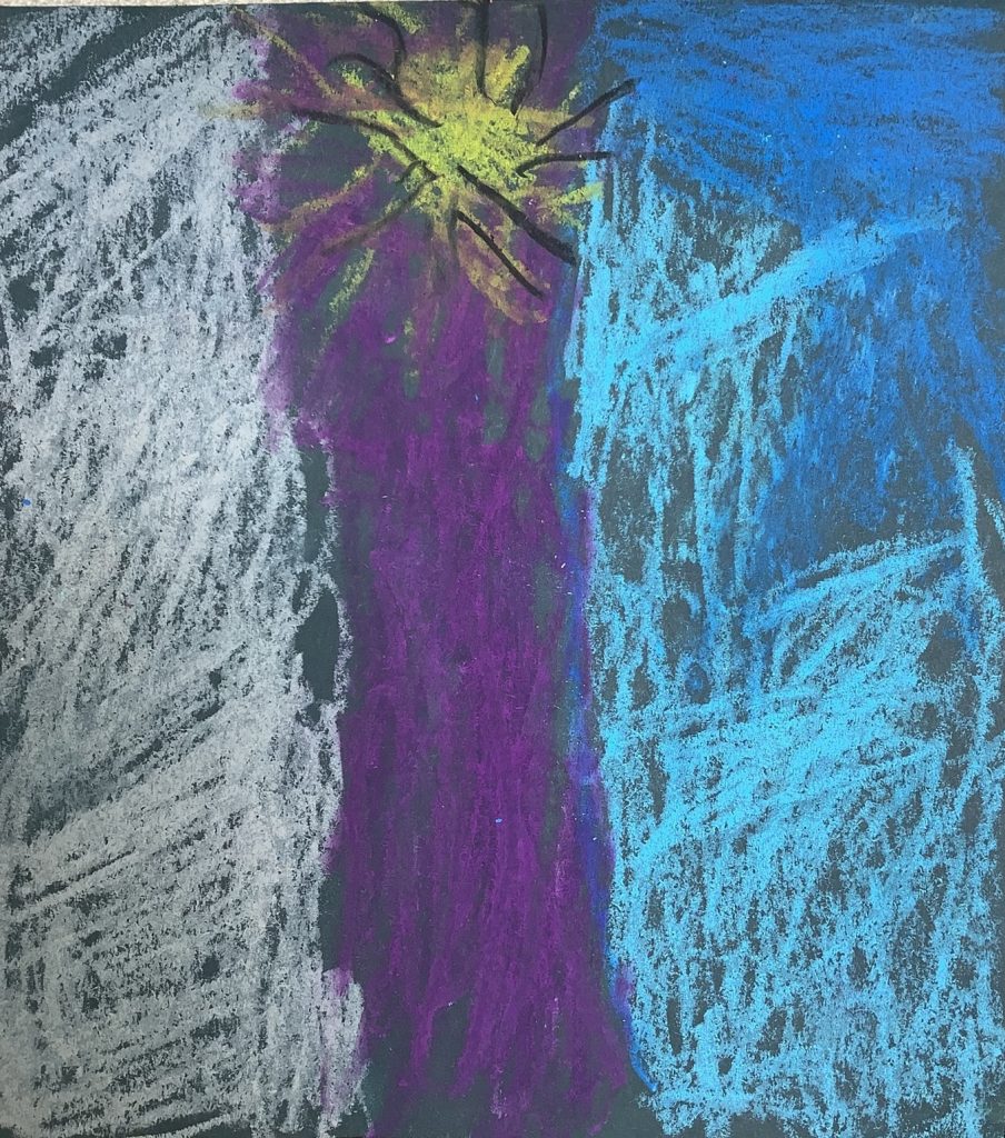 Talia's artwork from Hoyland Springwood Primary School, showing a sun glaring through the woods.