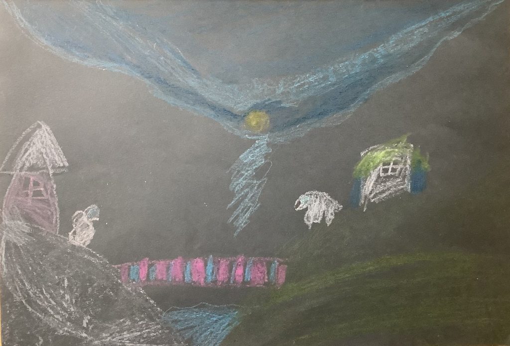 Albie's artwork from Hoyland Springwood Primary School, showing two houses across from each other separated by a bridge.  