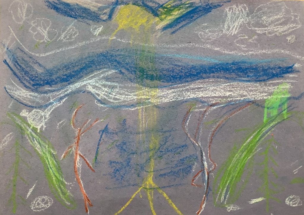 Monica's artwork from Hoyland Springwood Primary School, showing a storm blowing away trees.