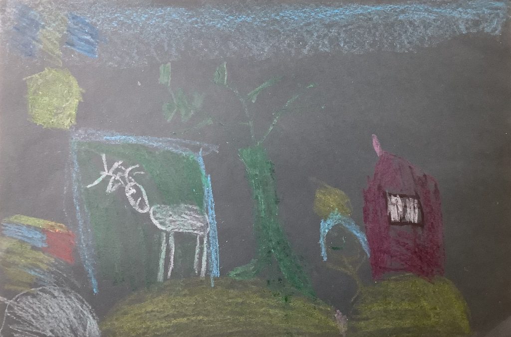 Gracie's artwork from Hoyland Springwood Primary School, showing a deer near a house on a hill. 