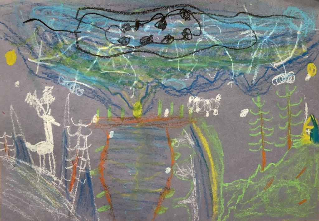 Adam's artwork from Hoyland Springwood Primary School, showing a deer on a hill with a storm nearby. 