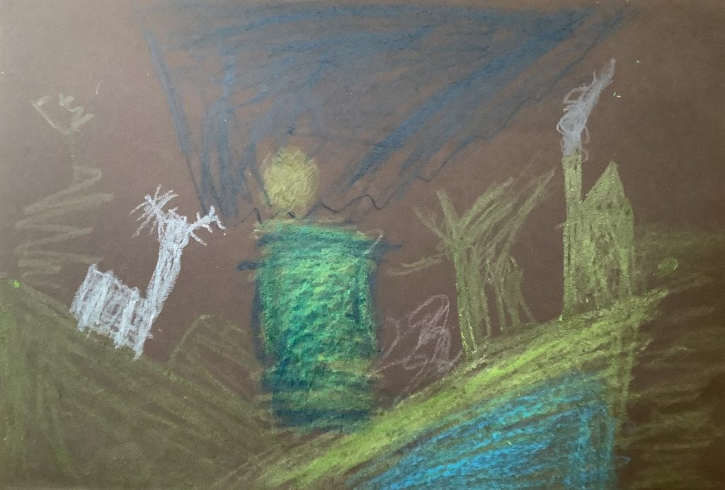 Romey's artwork from Hoyland Springwood Primary School, showing a deer approaching a house on a hill. 