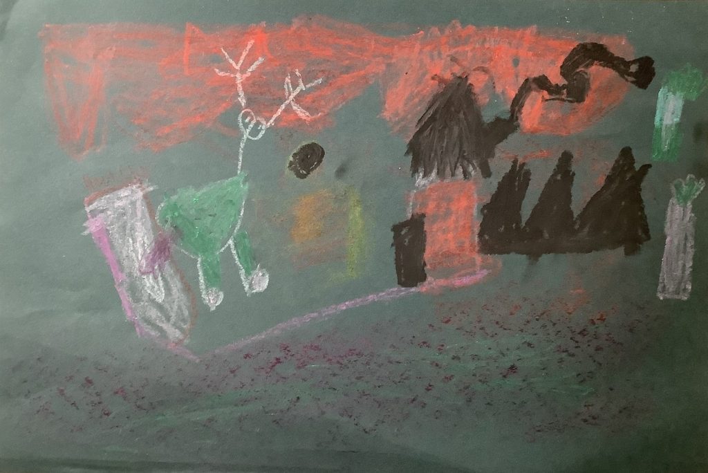 Mia B's artwork from Hoyland Springwood Primary School, showing a deer near a house on a hill. 