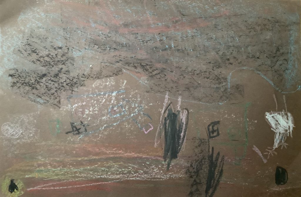 Amara's artwork from Hoyland Springwood Primary School, showing a storm approaching a hill.