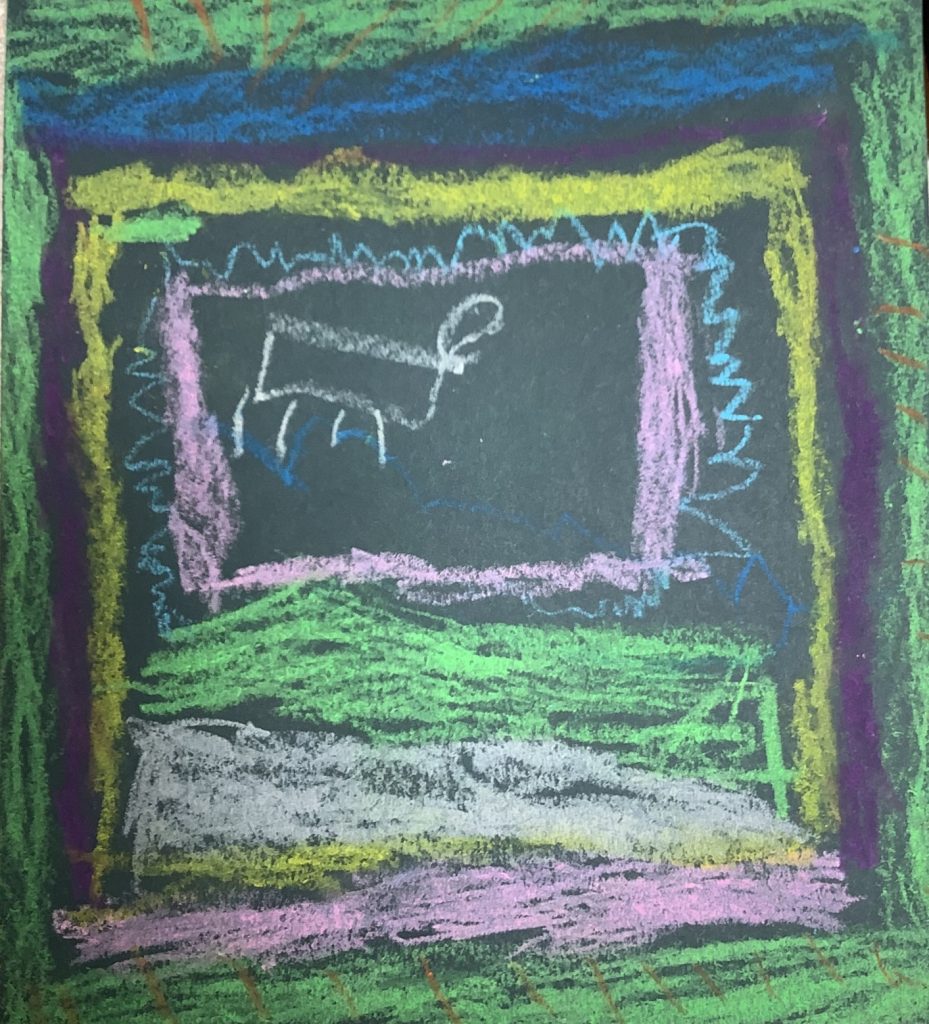 Nevaeh's artwork from Hoyland Springwood Primary School, showing an animal walking through a forest. 