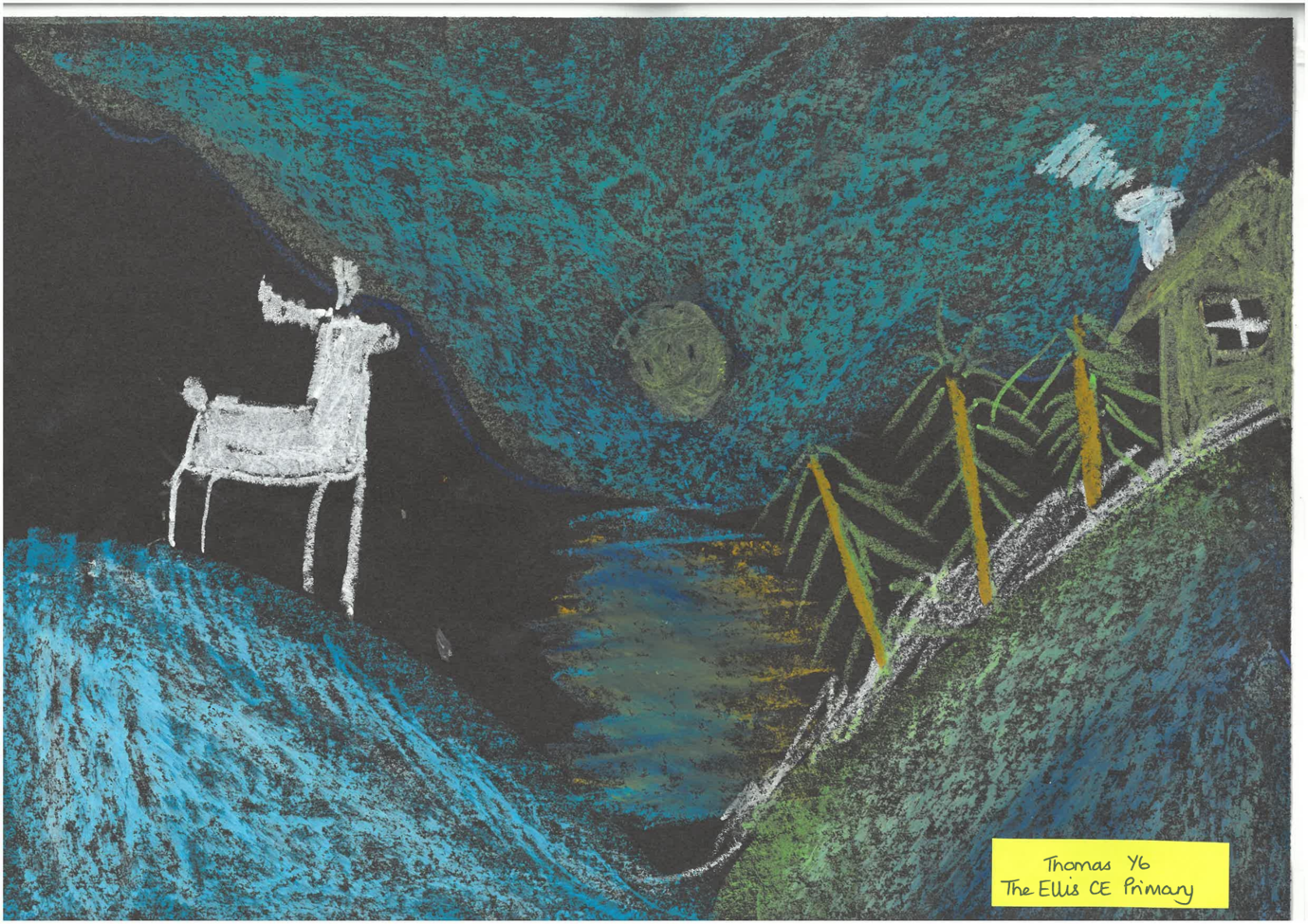 Thomas' artwork from Ellis Church of England Primary School, showing a deer on top of a hill.