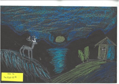 Isla's artwork from Ellis Church of England Primary School, showing a deer on top of a hill. 
