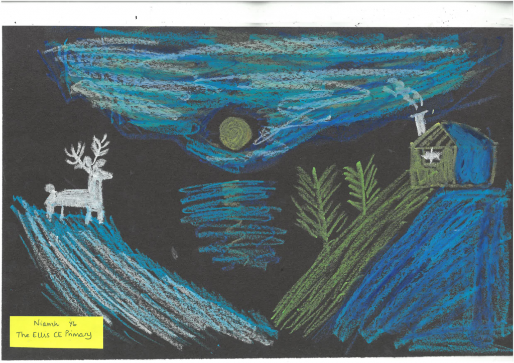 Niamh's artwork from Ellis Church of England Primary School, showing a deer on top of a hill. 