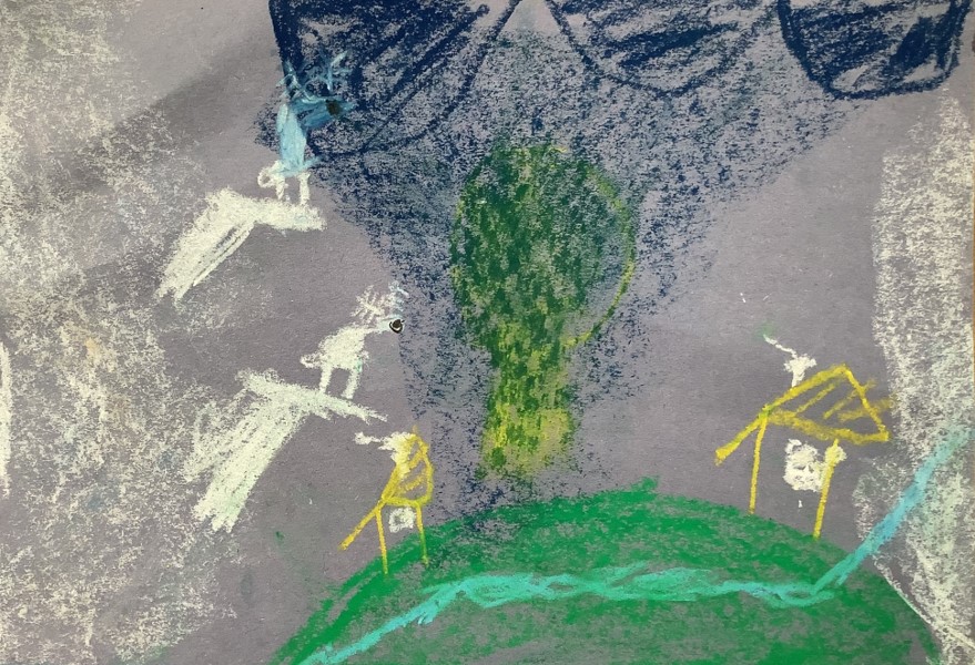 Harris's artwork from Hoyland Springwood Primary School showing two houses on a hill. 