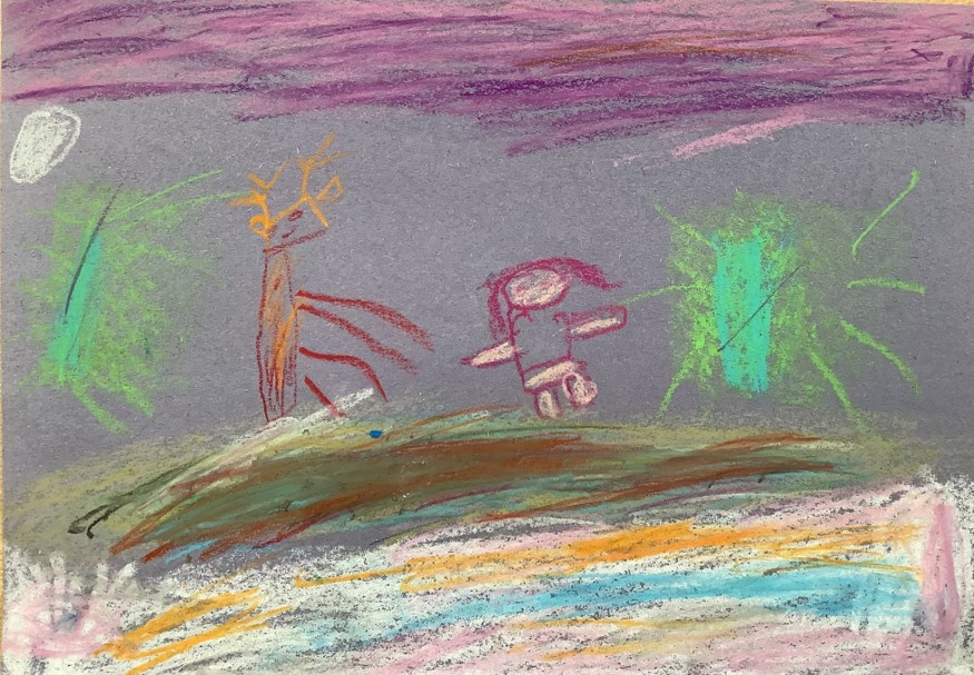 Anna's artwork from Hoyland Springwood Primary School, showing a person walking with a deer. 