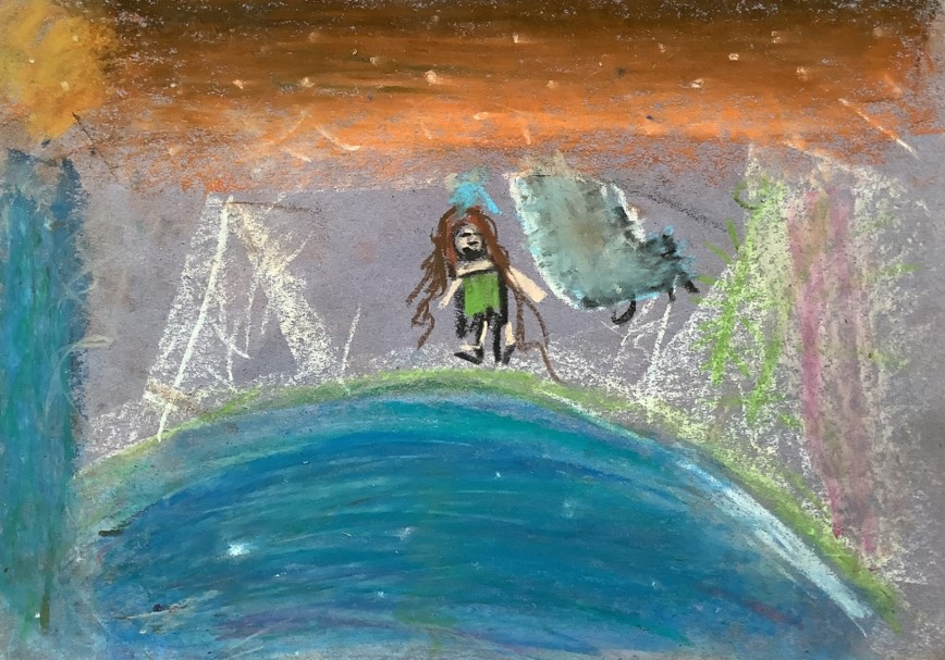 Ella's artwork from Hoyland Springwood Primary School, showing a person walking up a mountain.