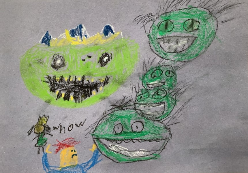 Bentley's artwork from Hoyland Springwood Primary School showing five monsters chasing a man. 