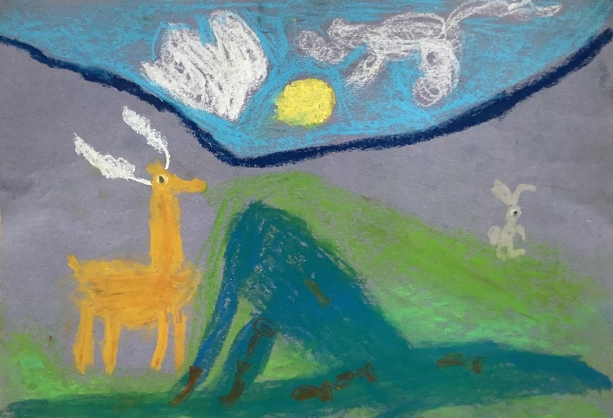 Jenson's artwork from Hoyland Springwood Primary School, showing a deer near a mountain. 