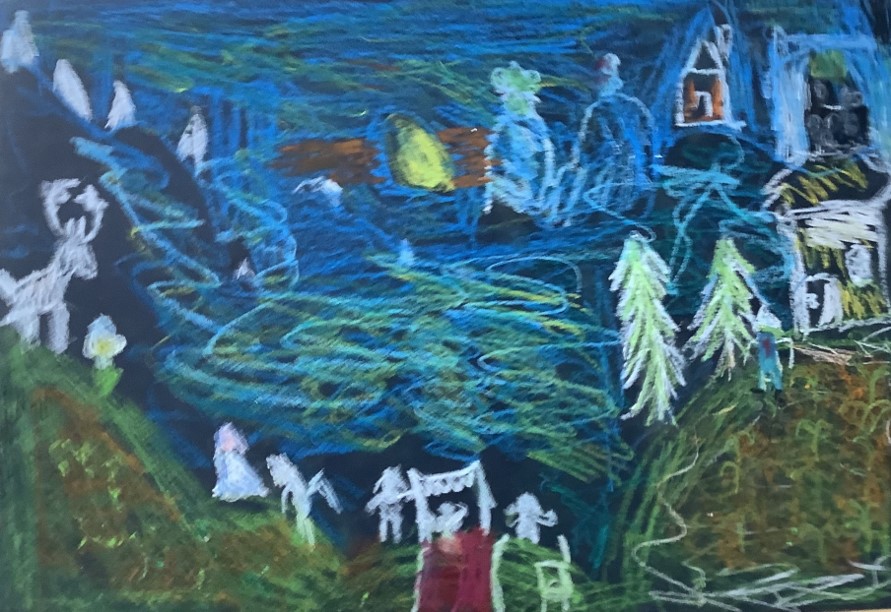 Addison's artwork from Hoyland Springwood Primary School, showing a deer near a hill with trees and houses nearby, 