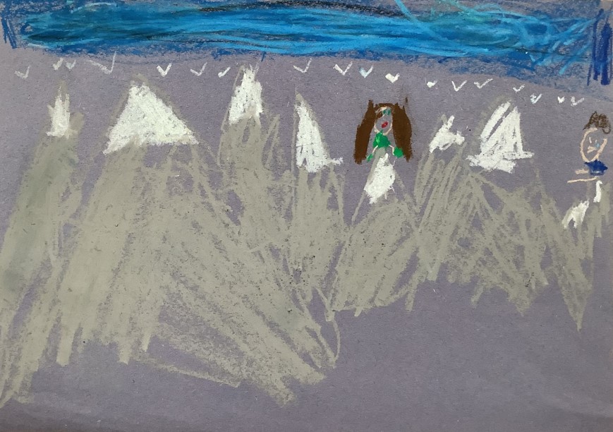 Scarlett's artwork from Hoyland Springwood Primary School, showing two people near a mountain.