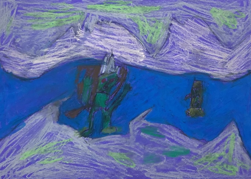 Mohammed's artwork from Hoyland Springwood Primary School, showing a monster on a mountain. 
