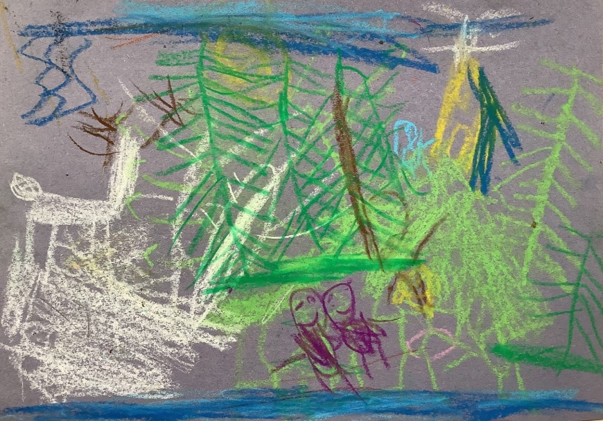 Dexter's artwork from Hoyland Springwood Primary School, showing two people going through a forest. 