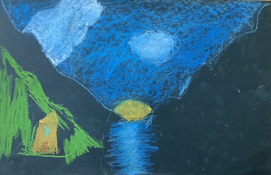 Reece's artwork from Hoyland Springwood Primary School, showing a house near the top of a mountain.