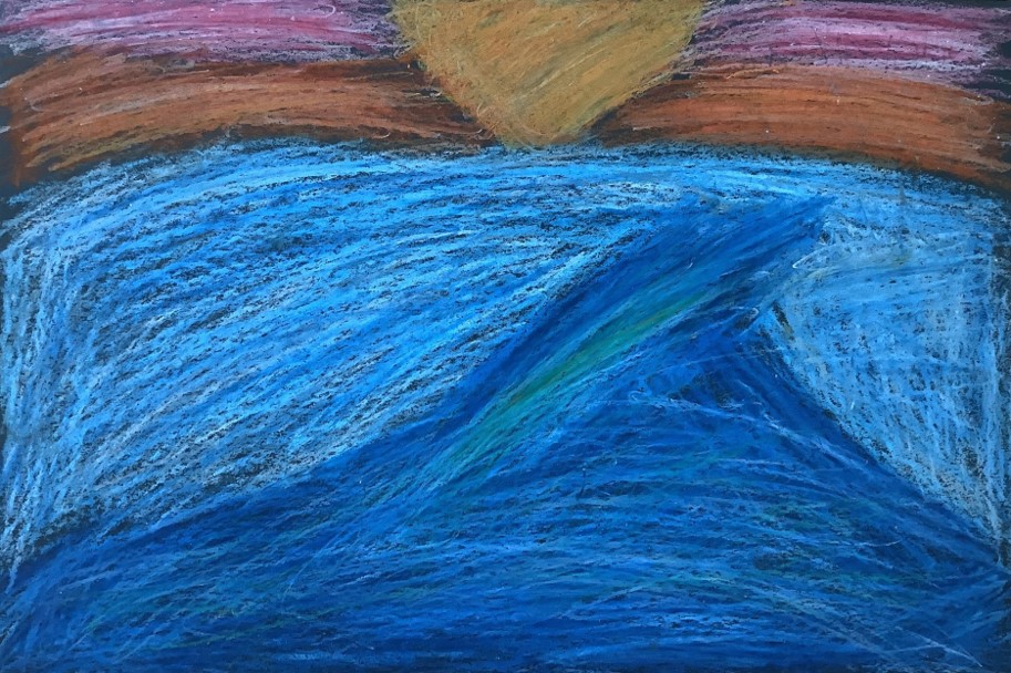 Esme's artwork from Hoyland Springwood Primary School, showing a storm with the sun trying to break through it. 