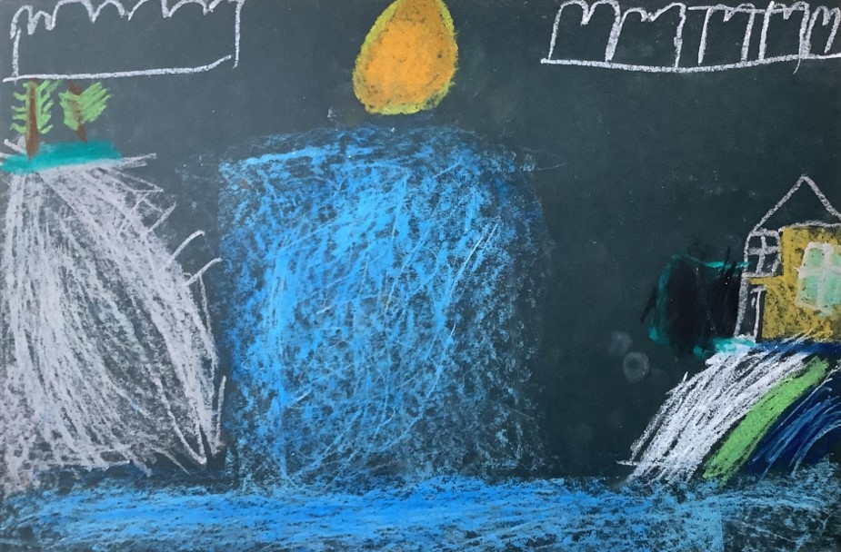 Mason's artwork from Hoyland Springwood Primary School, showing a house near a waterfall. 