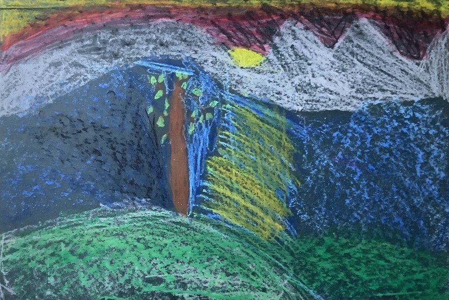 Joe's artwork from Hoyland Springwood Primary School, showing a forest near an entrance to a mountain. 