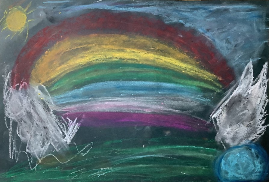 Lily C's artwork from Hoyland Springwood Primary School, showing a rainbow in front of a forest.