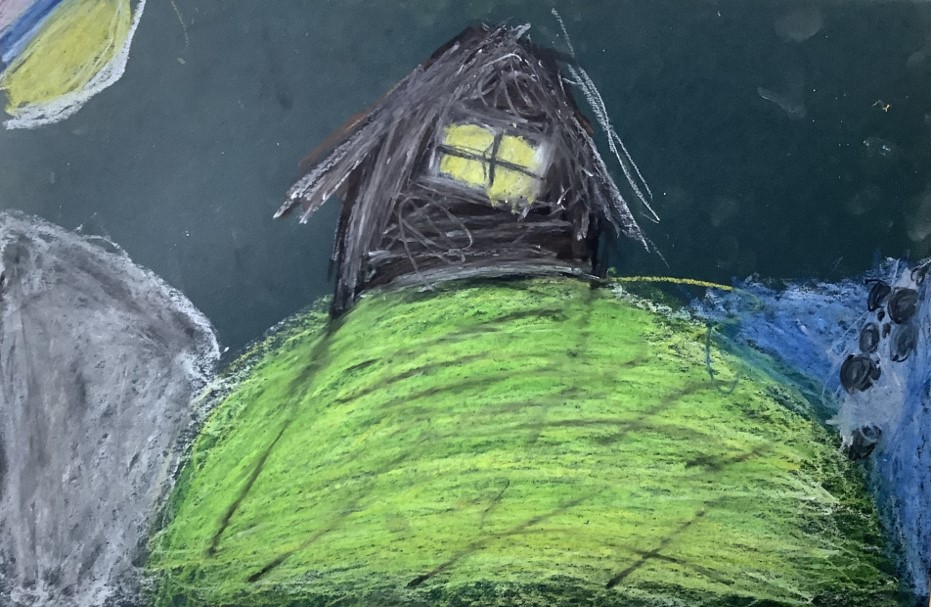 Lily P's Class Artwork from Hoyland Springwood Primary School, showing a house on the top of a hill. 