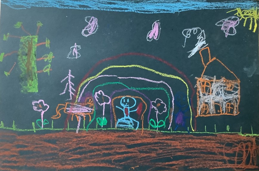 Harmony's artwork from Hoyland Springwood Primary School, showing several people sat down behind a rainbow with a house nearby. 
