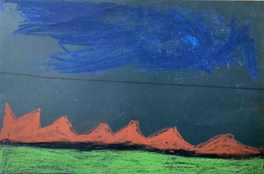 Carter's artwork from Hoyland Springwood Primary School, showing a storm approaching a mountain. 