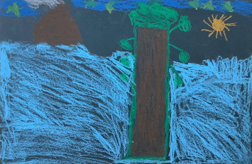 Emir's artwork from Hoyland Springwood Primary School, showing a couple of large trees in a forest.