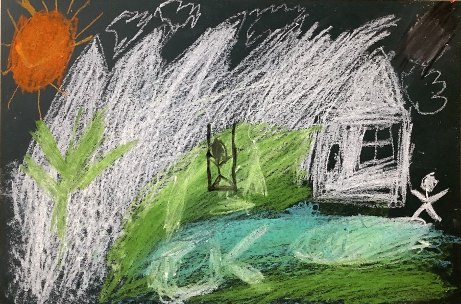Louie's artwork from Hoyland Springwood Primary School, showing a person near a house on a hill. 