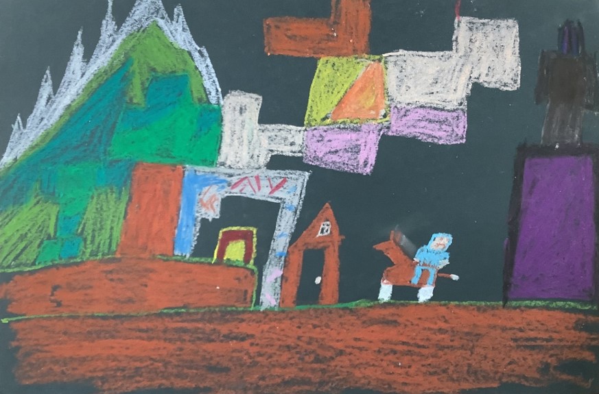 Layton's artwork from Hoyland Springwood Primary School, showing a person on a horse in front of a house.