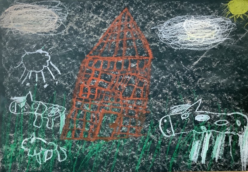Amelia's artwork from Hoyland Springwood Primary School, showing several animals near a house.