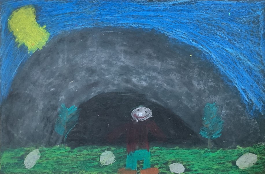 Joshua's artwork from Hoyland Springwood Primary School, showing a person stood outside of a cave. 