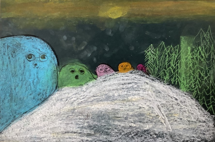 Rihanna's artwork from Hoyland Springwood Primary School, showing several trolls on top of a hill. 
