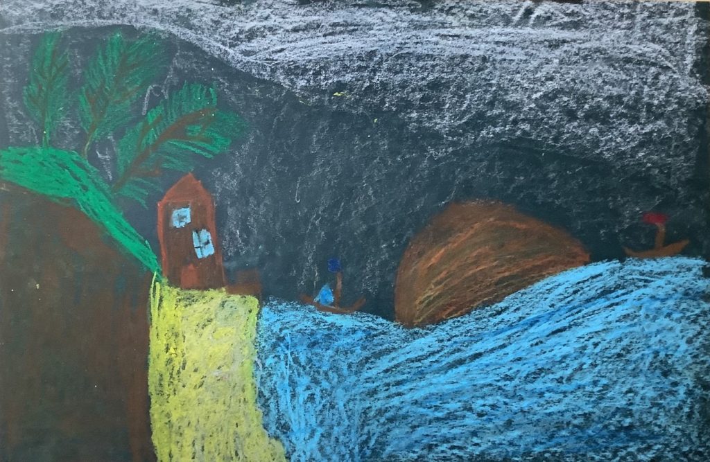Rihanna's artwork from Hoyland Springwood Primary school, showing a house on top of a hill and near a waterfall. 