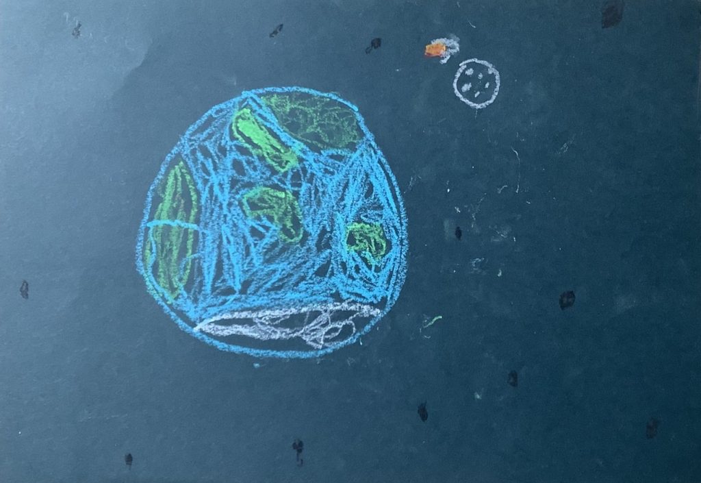 Elliot's artwork from Hoyland Springwood Primary School, showing a blue and green rounded ball. 