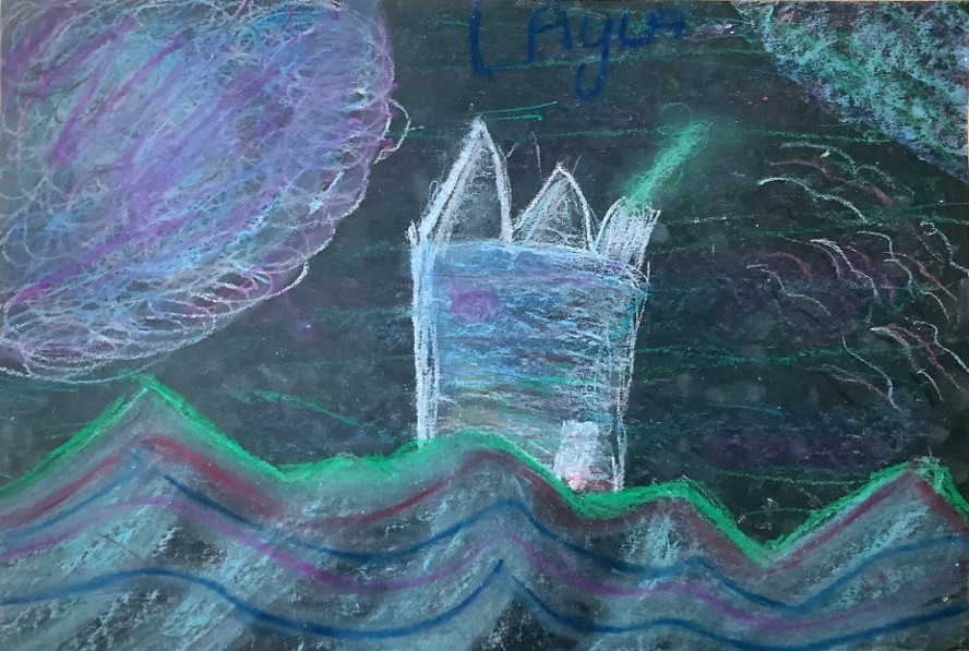 Layla's artwork from Hoyland Springwood Primary School, showing a house on top of a hill with a storm nearby. 