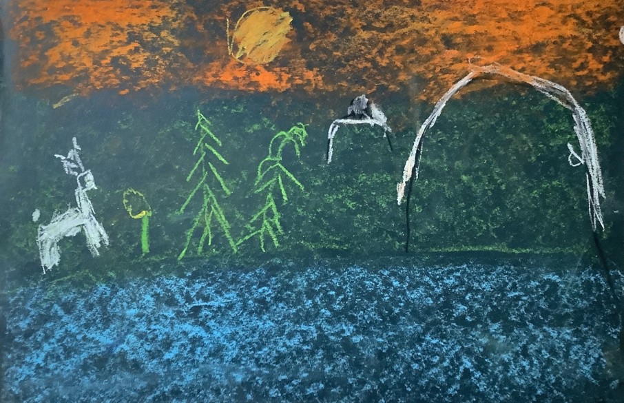 Tommy's artwork from Hoyland Springwood Primary School, showing a deer entering a forest.