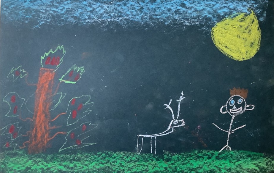 Harvey's artwork from Hoyland Springwood Primary School, showing a person near a deer and a tree.